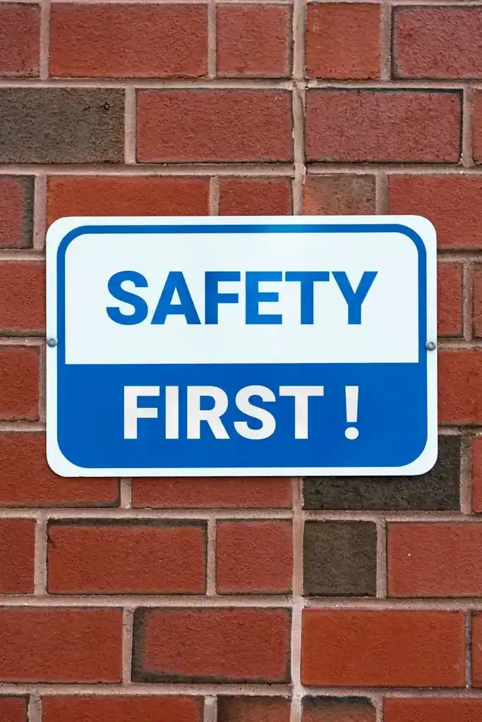 „Safety First” feliratú biztonsági tábla téglafalon – a munkavédelem elsődleges